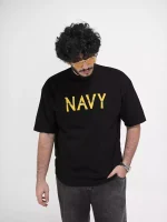 Model wearing a black navy t-shirt for men - new summer collection