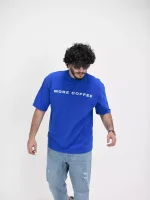 Model wearing a blue coffee t-shirt for men - new summer collection