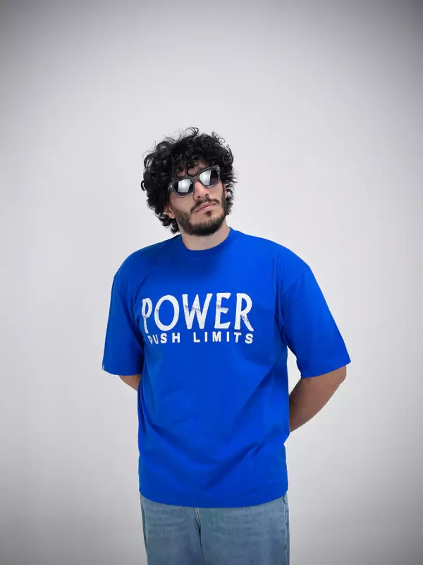 Model wearing a blue power t-shirt for men - new summer collection