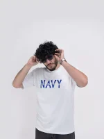 Model wearing a white navy t-shirt for men - new summer collection