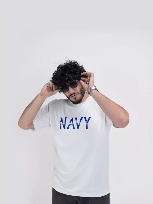 Model wearing a white navy t-shirt for men - new summer collection