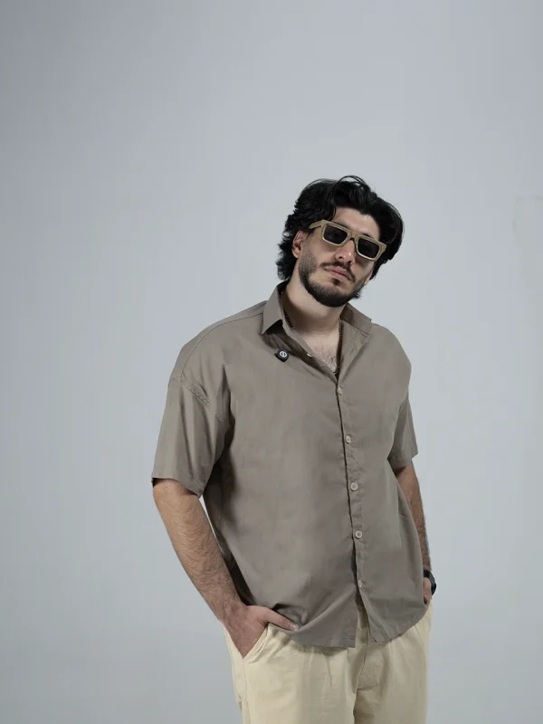 Model wearing a brown Linen Shirt for men - new summer collection