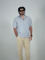 Model wearing a sky blue Linen Shirt for men - new summer collection