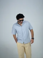 Model wearing a sky blue Linen Shirt for men - new summer collection
