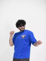 Model wearing a blue journey t-shirt for men - new summer collection