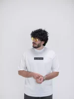 Model wearing a white nice human t-shirt for men - new summer collection